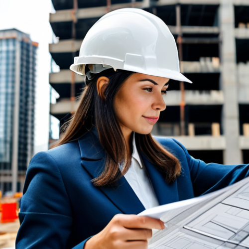 **

A professional female architect, fully clothed in a stylish and modest business outfit, reviewing blueprints on a construction site with a modern skyscraper in the background, hard hat, safe for work, appropriate content, perfect anatomy, natural pose, high resolution, well-formed hands, proper finger count, professional, family-friendly.

**